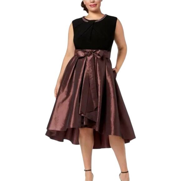 SLNY Fit Flare Midi High Low Satin Party Dress I Plus 20W I Black Bronze Shimmer - Picture 1 of 8